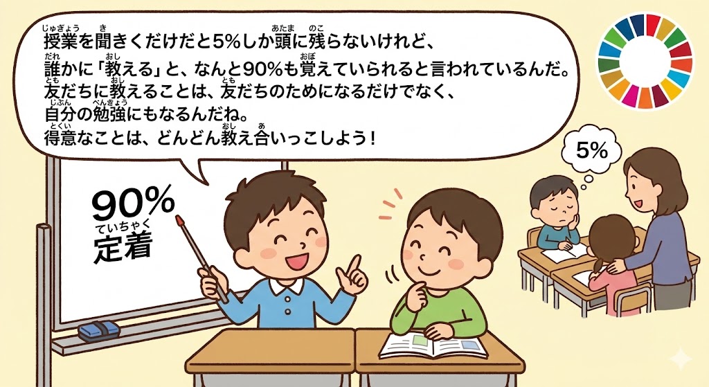 SDGs�w�K�̃C���X�g�B���w�����F�B�ɕ׋������������l�q��`�ʁB���Ƃ𕷂��������A�l�ɋ����邱�ƂŋL���̒蒅����90���ɍ��܂邱�Ƃ�`����摜�B