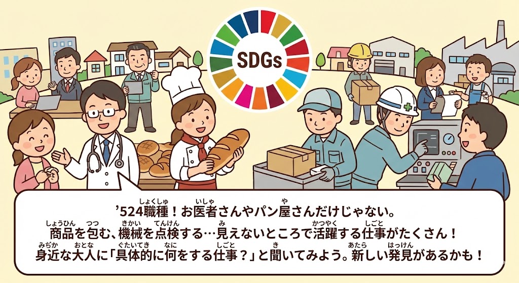 ���w�������̃L�����A����C���X�g�B��t��p�����A�H��œ����l�X��SDGs�J���[�z�C�[����`���A�d���̑��l����`���Ă���B