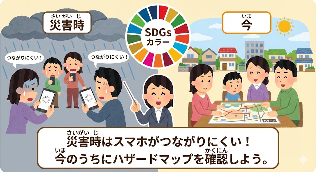 SDGs�w�K�p�C���X�g�B�ЊQ���̓X�}�z���q����ɂ������߁A���̂����Ƀn�U�[�h�}�b�v���m�F����e�q��`�����A���w�������̕�����₷���摜�B