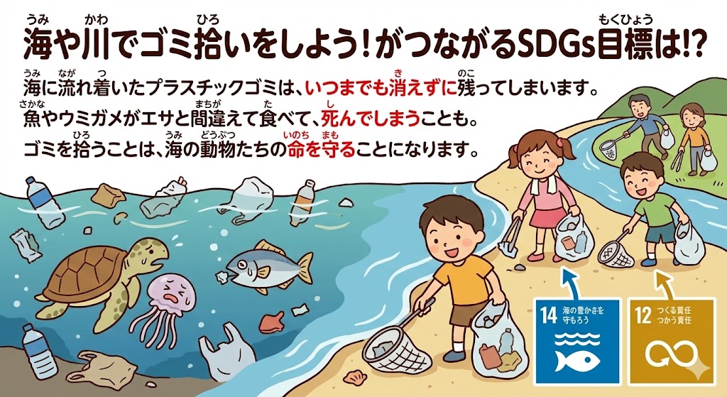 �C���ŃS�~�E�������鏬�w���ƁA�v���X�`�b�N�S�~�ɍ���E�~�K���̃C���X�g�BSDGs�ڕW14�u�C�̖L��������낤�v��12�Ɋ֘A�������}�B