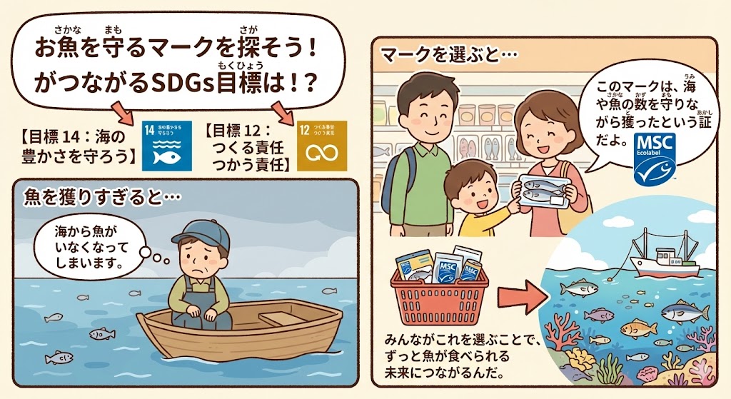 �������Ȃ��Ȃ�C��MSC�F�؂Ŏ��L���ȊC��Δ䂵��SDGs�C���X�g�B���w�������ɖڕW14��12�A�T�X�e�i�u���ȋ��Ƃ�����B