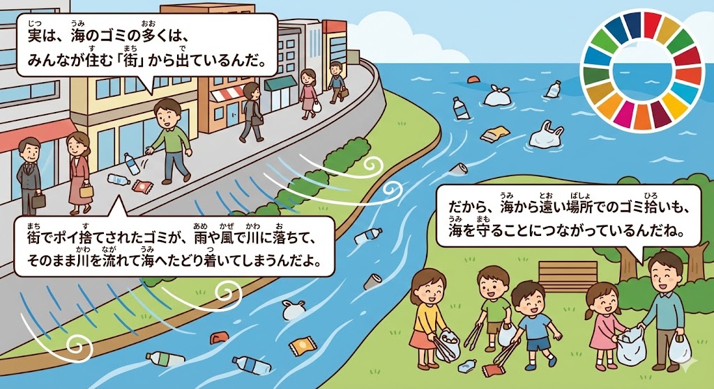 �X�̃S�~���J�╗�Ő��`���ĊC�֗����d�g�݂ƁA�S�~�E�������鏬�w����`����SDGs����C���X�g�B�C�m���݂̔������𕪂���₷���}�������摜�B