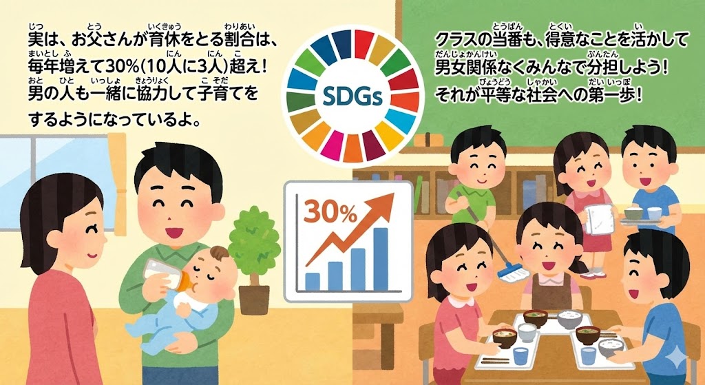 SDGs���w�ԏ��w�������C���X�g�B�j������x���擾���Ďq��Ă���l�q�ƁA�j���֌W�Ȃ����͂��ăN���X�̓��Ԋ���������q�ǂ�������`���A�W�F���_�[�����̑�؂���`���Ă��܂��B