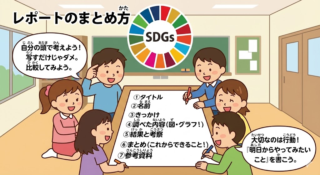 SDGs���|�[�g�̏��������w�ԏ��w���̃C���X�g�B�u�����̓��ōl����v�u�����������Ă݂������Ɓv�ȂǁA�܂Ƃߕ��̍\���i�^�C�g��?�Q�l�����j�Əd�v�|�C���g��������Ă���B